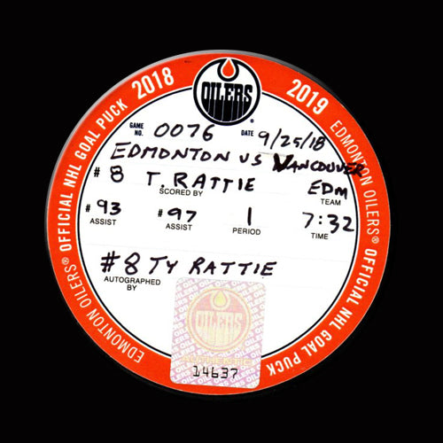 TY RATTIE Autographed Goal Puck With CONNOR MCDAVID Assist Vs. Vancouver Canucks