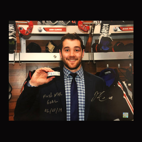 Josh Currie Edmonton Oilers Autographed and Inscribed 1st NHL Goal Puck 16x20 Photo